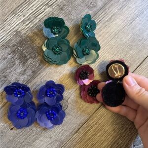 Floral Sequin Statement Earrings - Green, Blue, Burgundy